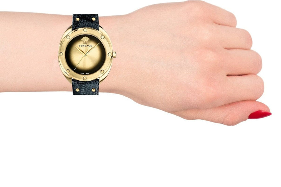 Versace Shadov Quartz Gold Dial Black Leather Strap Watch for Women - VEBM00318