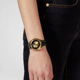 Versace Shadov Quartz Gold Dial Black Leather Strap Watch for Women - VEBM00318