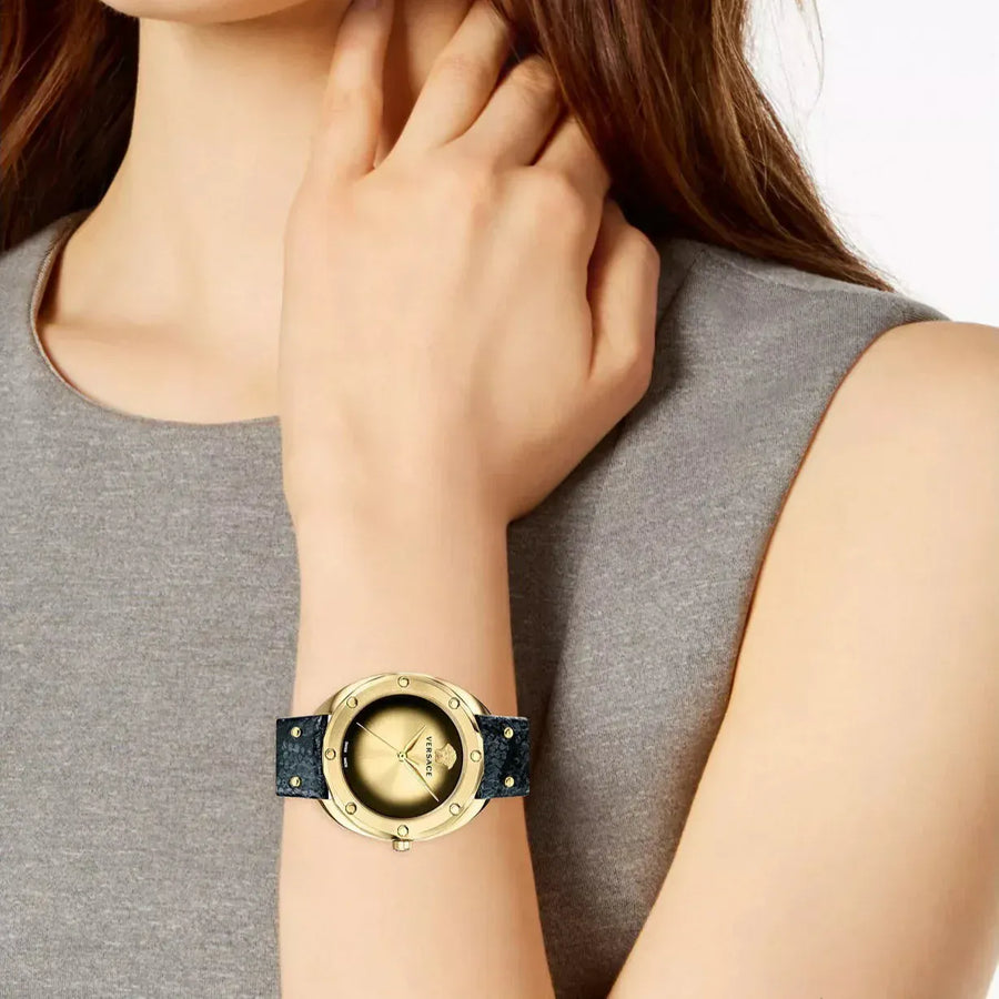 Versace Shadov Quartz Gold Dial Black Leather Strap Watch for Women - VEBM00318