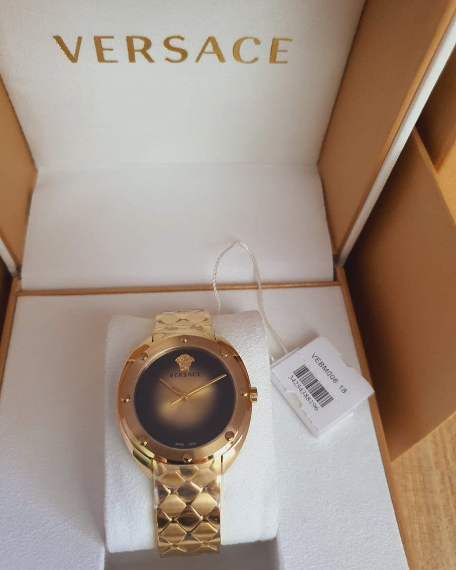 Versace Shadov Quartz Gold Dial Gold Steel Strap Watch for Women - VEBM00618