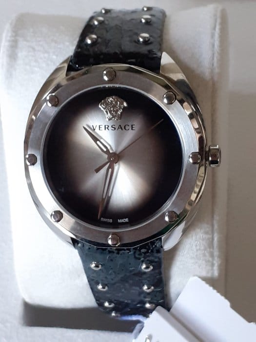 Versace Shadov Quartz Silver Dial Black Snake Leather Strap Watch for Women - VEBM00118