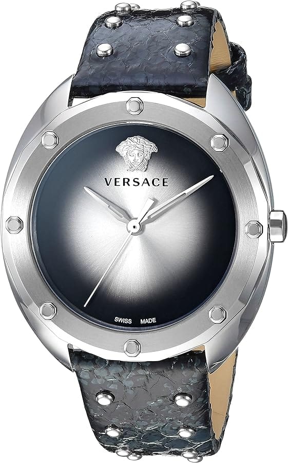Versace Shadov Quartz Silver Dial Black Snake Leather Strap Watch for Women - VEBM00118