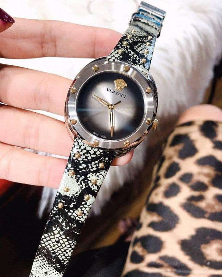 Versace Shadov Quartz Silver Dial Snakeskin Green Leather Strap Watch for Women - VEBM00718