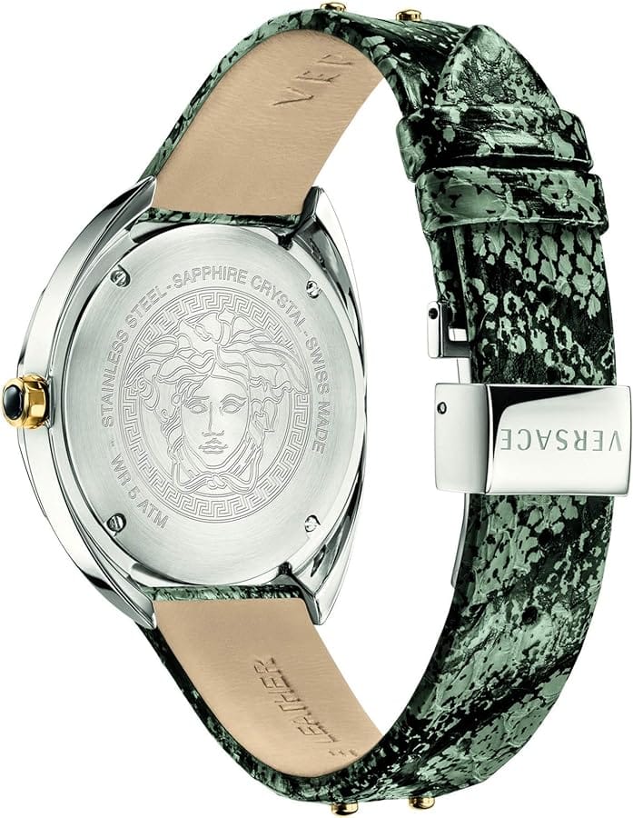 Versace Shadov Quartz Silver Dial Snakeskin Green Leather Strap Watch for Women - VEBM00718