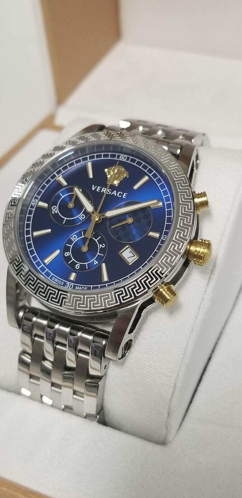 Versace Sport Tech Chronograph Blue Dial Silver Steel Strap Watch for Men - VELT00219