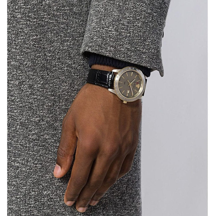 Versace Univers Beige Dial Black Leather Strap Watch for Men - VEBK00218