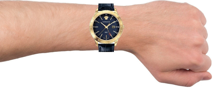 Versace Univers Navy Blue Dial Navy Blue Leather Strap Watch for Men - VEBK00318