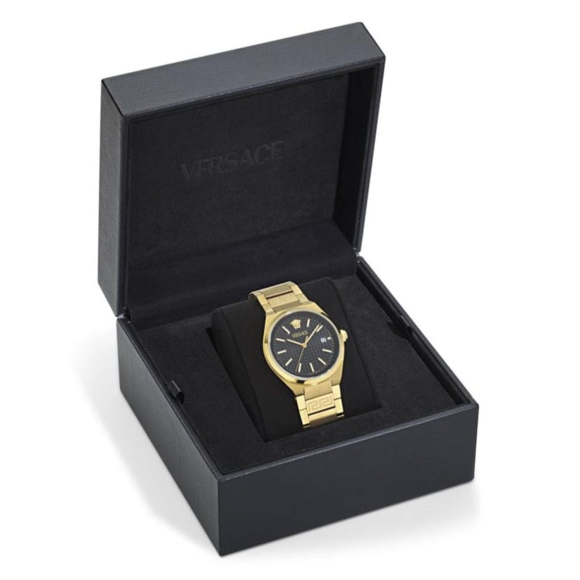 Versace V-Auria Quartz Black Dial Gold Steel Strap Watch for Men - VE0F00525
