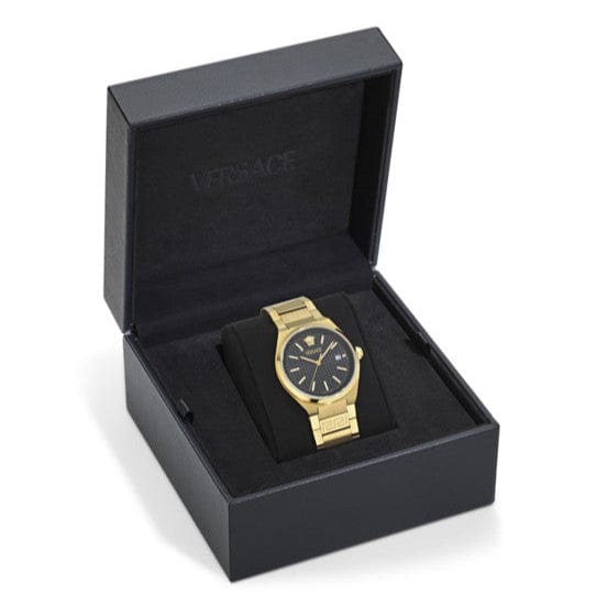 Versace V-Auria Quartz Black Dial Gold Steel Strap Watch for Men - VE0F00525