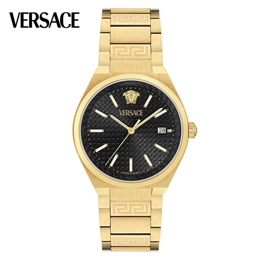 Versace V-Auria Quartz Black Dial Gold Steel Strap Watch for Men - VE0F00525