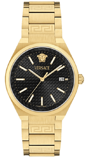 Versace V-Auria Quartz Black Dial Gold Steel Strap Watch for Men - VE0F00525