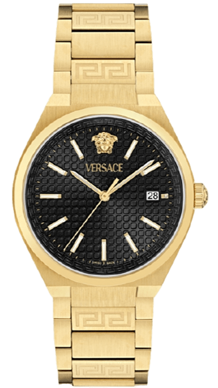 Versace V-Auria Quartz Black Dial Gold Steel Strap Watch for Men - VE0F00525