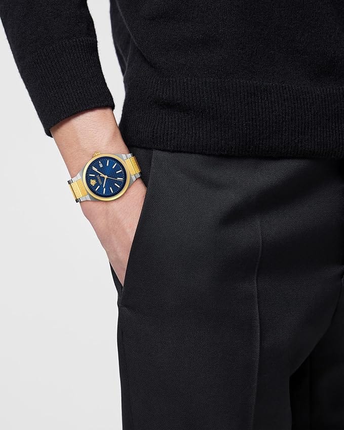 Versace V-Auria Quartz Blue Dial Two Tone Steel Strap Watch for Men - VE0F00325