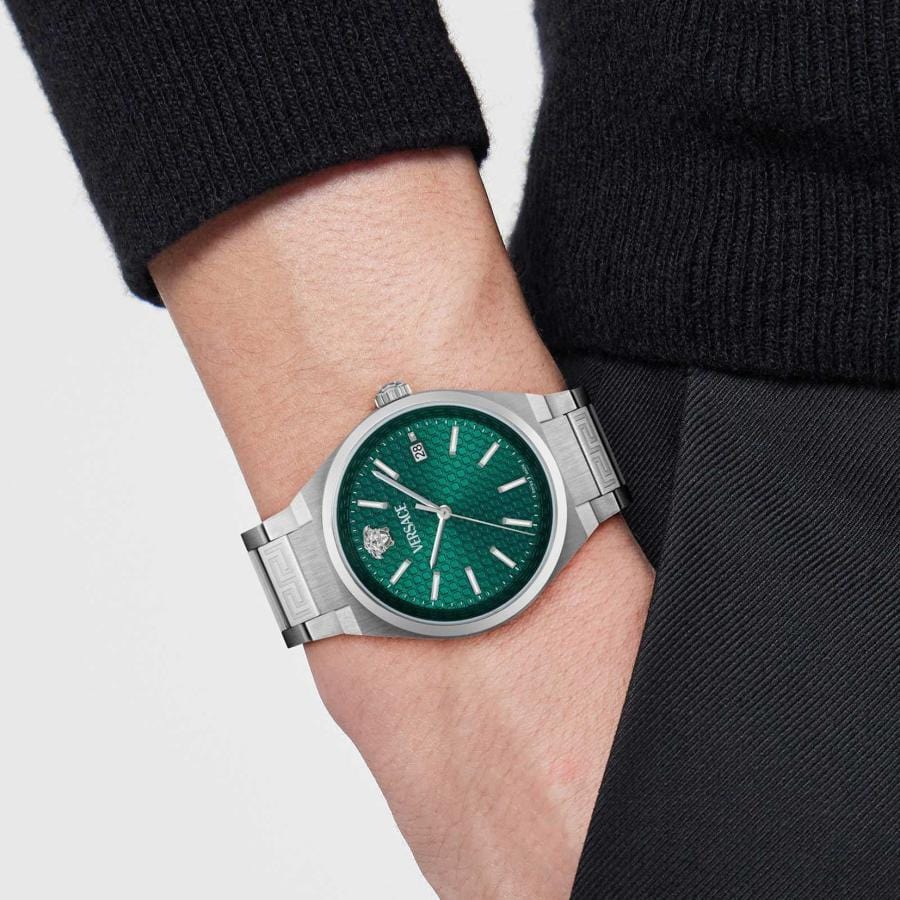 Versace V-Auria Quartz Green Dial Silver Steel Strap Watch for Men - VE0F00125
