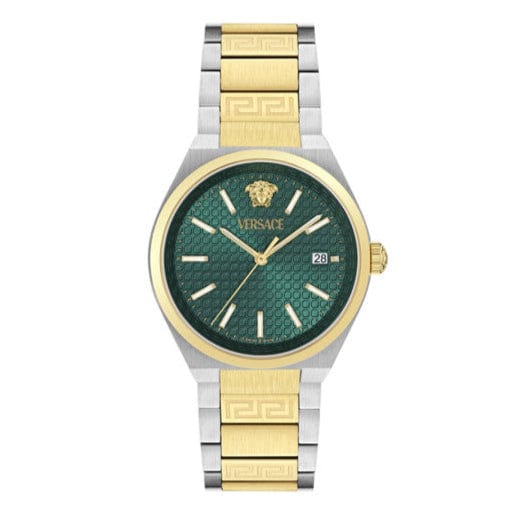 Versace V-Auria Quartz Green Dial Two Tone Steel Strap Watch for Men - VE0F00425