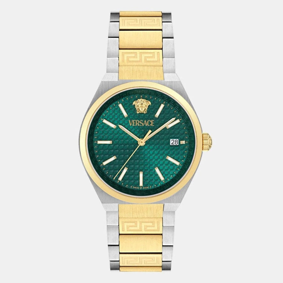 Versace V-Auria Quartz Green Dial Two Tone Steel Strap Watch for Men - VE0F00425