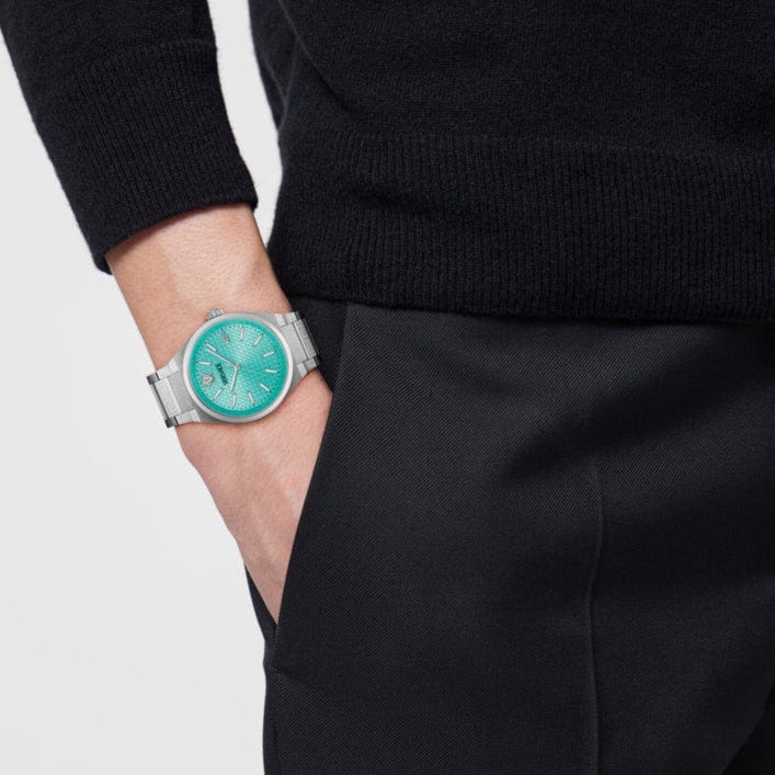 Versace V-Auria Quartz Turquoise Dial Silver Steel Strap Watch for Women - VE0F00225