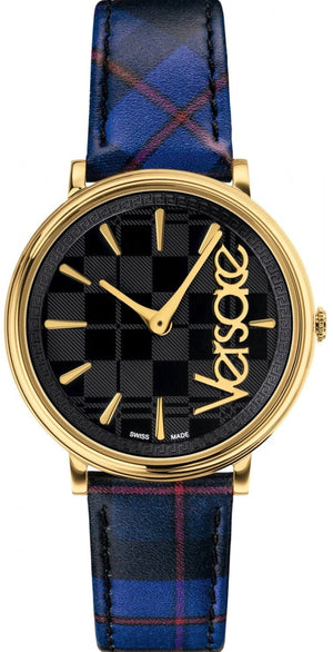 Versace V-Circle Black Dial Blue Leather Strap Watch for Women - VE8100218