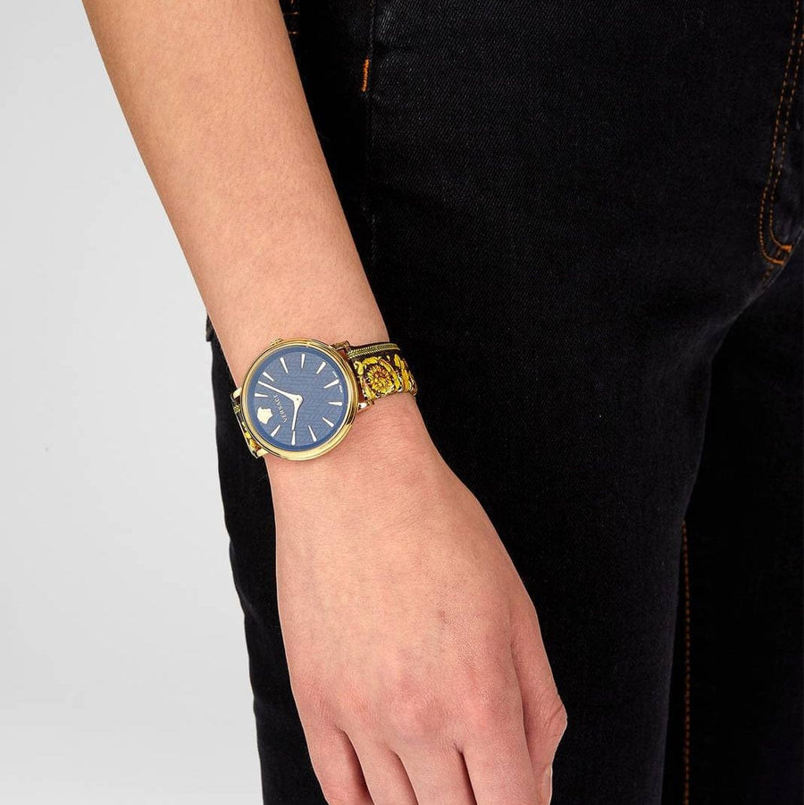 Versace V-Circle Black Dial Gold Leather Strap Watch for Women - VBP13017