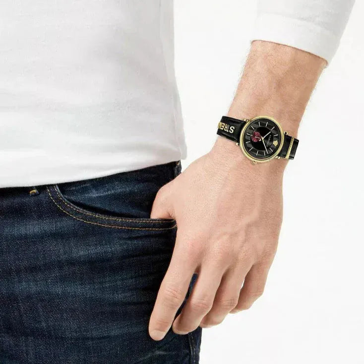 Versace V-Circle Manifesto Edition Black Dial Black Leather Strap Watch for Men - VBQ050017