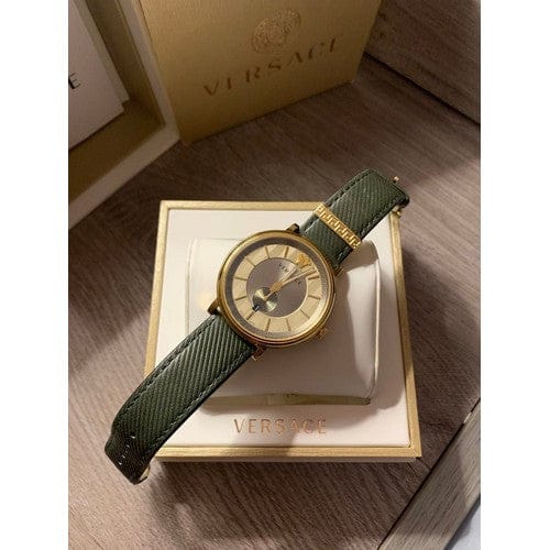 Versace V-Circle Manifesto Gold Dial Black Leather Strap Watch for Men - VBQ030017