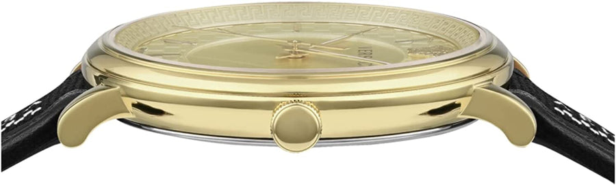 Versace V-Circle Manifesto Gold Dial Black Leather Strap Watch for Men - VBQ030017