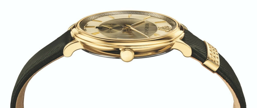 Versace V-Circle Manifesto Gold Dial Black Leather Strap Watch for Men - VBQ030017