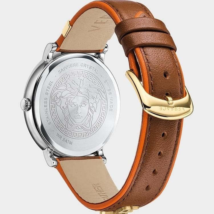 Versace V-Circle Quartz Mother of Pearl Dial Brown Leather Strap Watch for Women - VBP03017