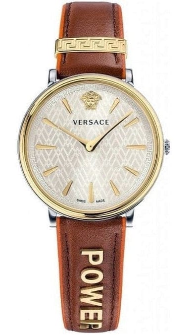 Versace V-Circle Quartz Mother of Pearl Dial Brown Leather Strap Watch for Women - VBP03017