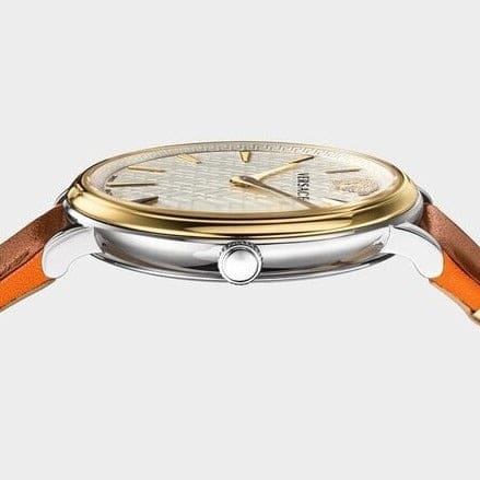 Versace V Circle Quartz Silver Dial Brown Leather Strap Watch For Women - VBP04017
