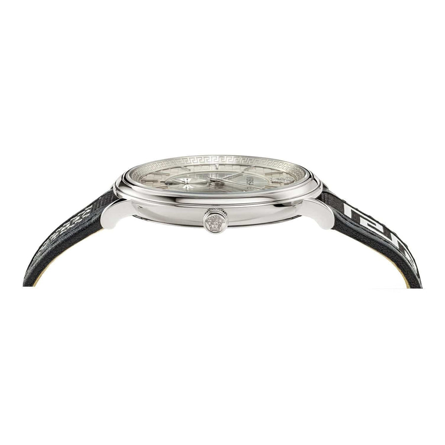 Versace V-Circle Silver Dial Black Leather Strap Watch for Men - VEBQ01219