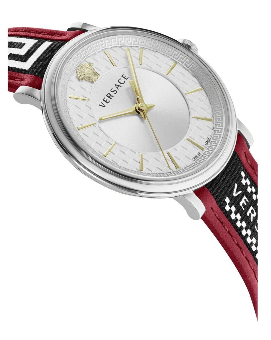 Versace V Circle Silver Dial Two Tone Leather Strap Watch for Men - VEBQ01319