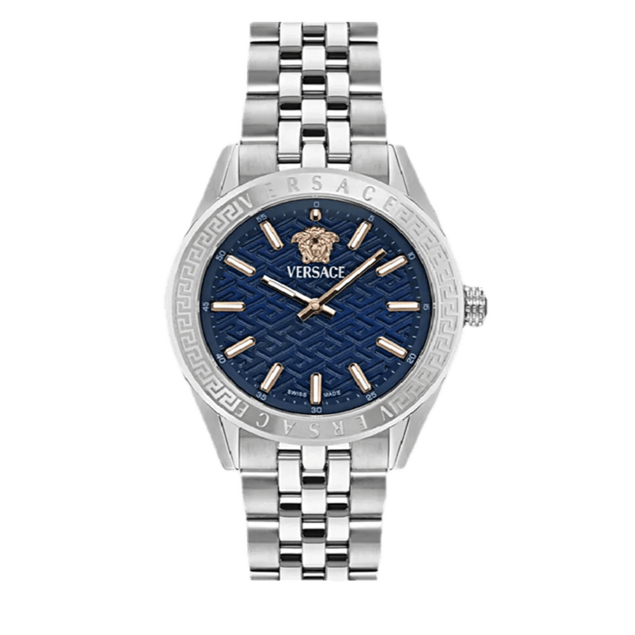 Versace V-Code Analog Blue Dial Silver Steel Strap Watch for Women - VE8I00324