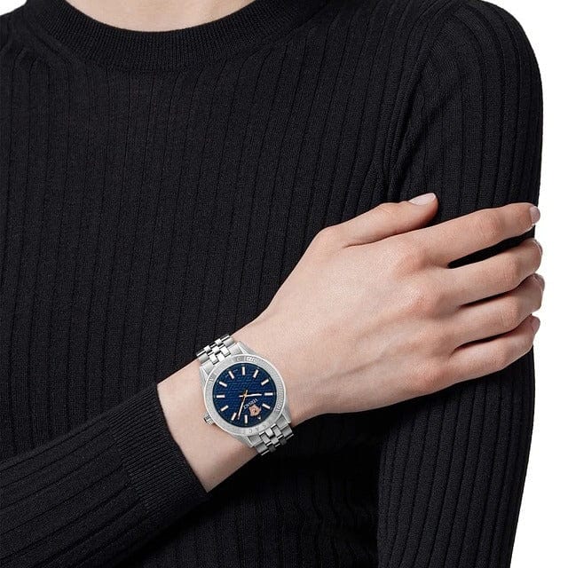 Versace V-Code Analog Blue Dial Silver Steel Strap Watch for Women - VE8I00324