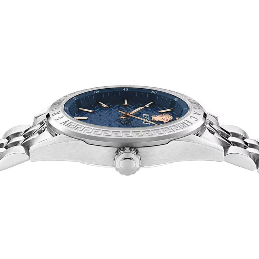 Versace V-Code Analog Blue Dial Silver Steel Strap Watch for Women - VE8I00324