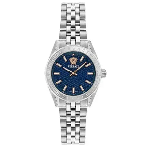 Versace V-Code Analog Blue Dial Silver Steel Strap Watch for Women - VE8I00324
