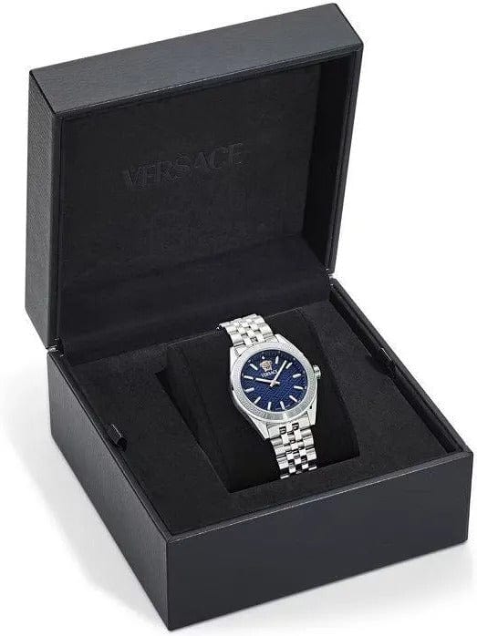 Versace V-Code Analog Blue Dial Silver Steel Strap Watch for Women - VE8I00324
