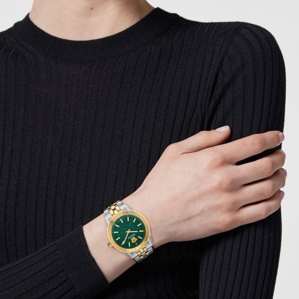 Versace V-Code Analog Green Dial Two Tone Steel Strap Watch for Women - VE8I00424