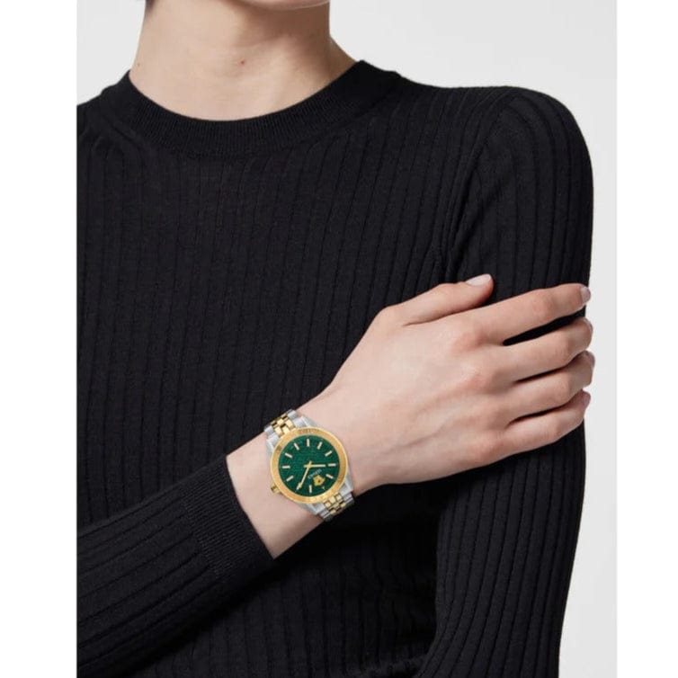 Versace V-Code Analog Green Dial Two Tone Steel Strap Watch for Women - VE8I00424