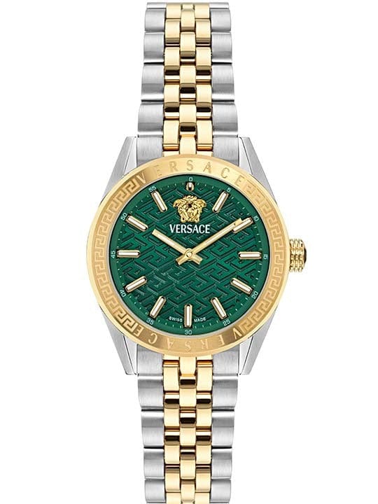Versace V-Code Analog Green Dial Two Tone Steel Strap Watch for Women - VE8I00424