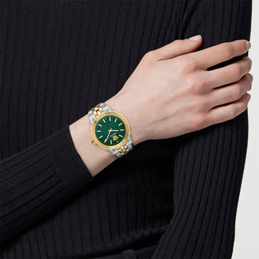 Versace V-Code Analog Green Dial Two Tone Steel Strap Watch for Women - VE8I00424