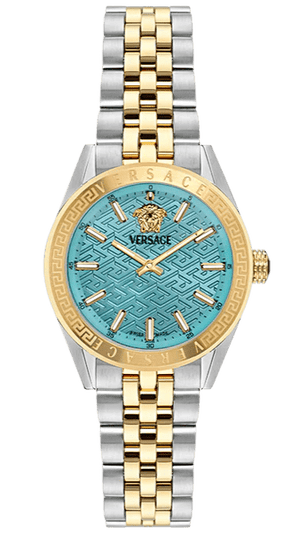 Versace V-Code Analog Turquoise Dial Two Tone Steel Strap Watch for Women - VE8I00524