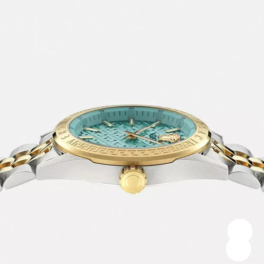 Versace V-Code Analog Turquoise Dial Two Tone Steel Strap Watch for Women - VE8I00524