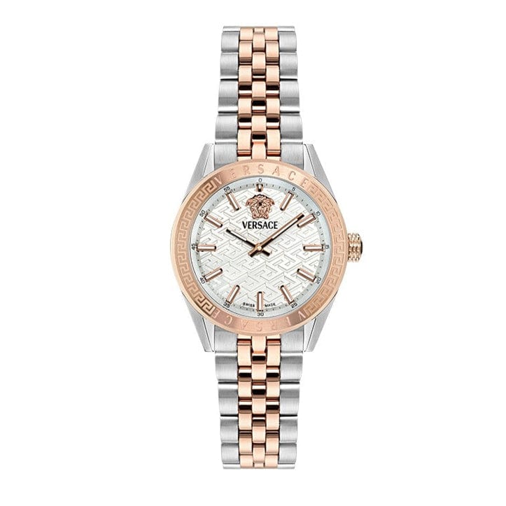 Versace V-Code Analog White Dial Two Tone Steel Strap Watch for Women - VE8I00624