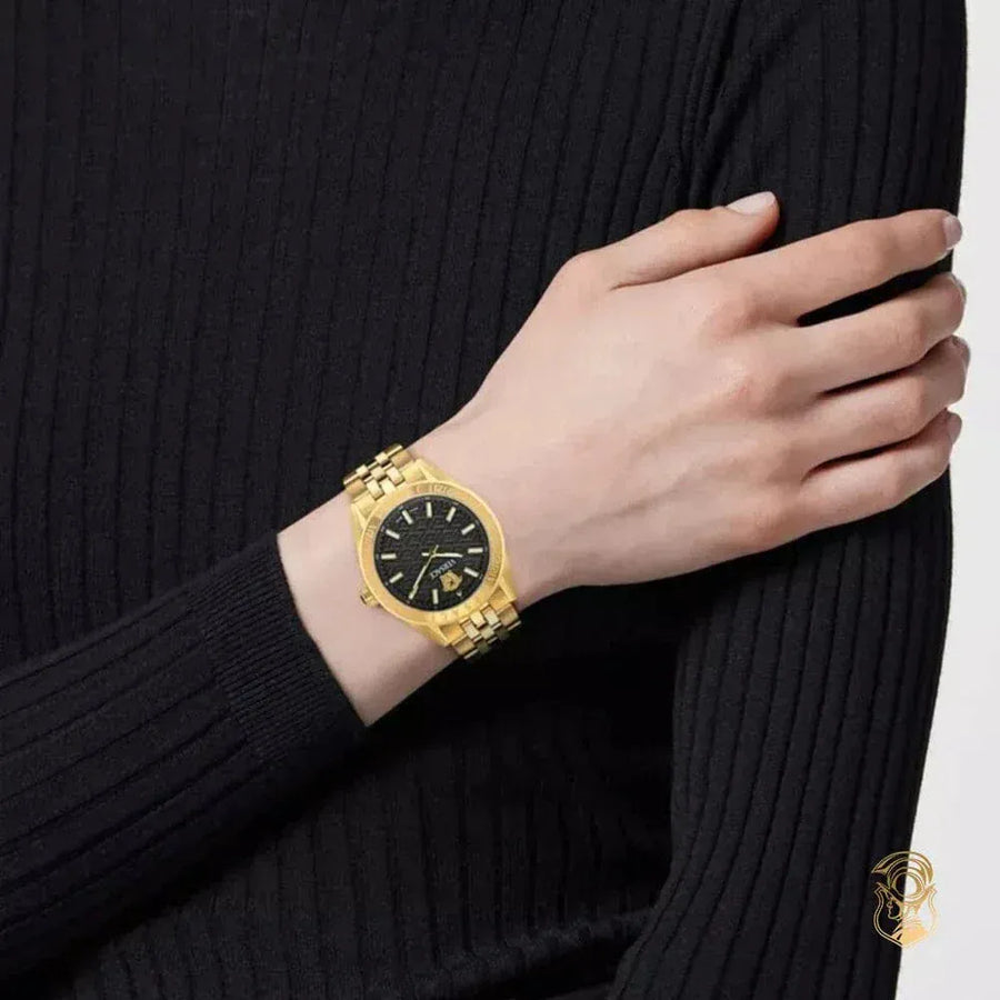 Versace V-Code Quartz Black Dial Gold Steel Strap Watch for Women - VE8I00724