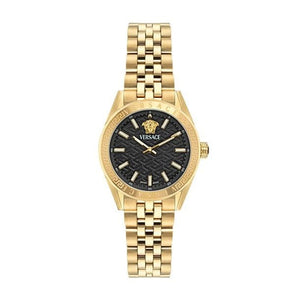 Versace V-Code Quartz Black Dial Gold Steel Strap Watch for Women - VE8I00724