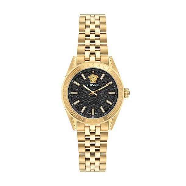 Versace V-Code Quartz Black Dial Gold Steel Strap Watch for Women - VE8I00724