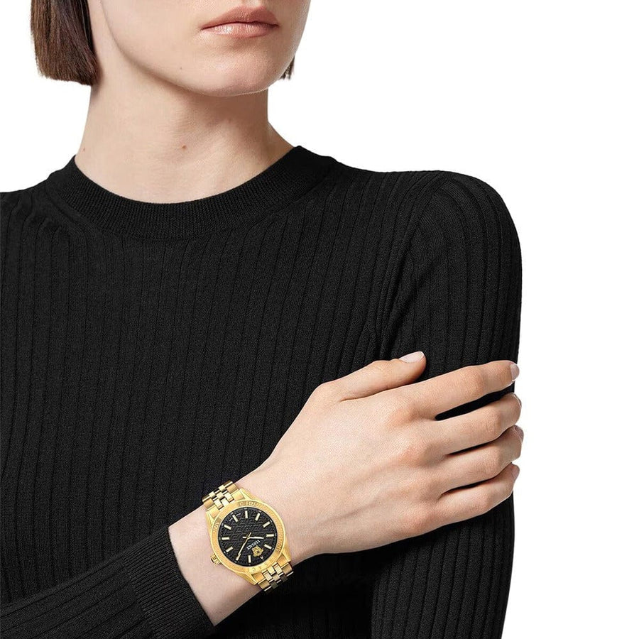 Versace V-Code Quartz Black Dial Gold Steel Strap Watch for Women - VE8I00724