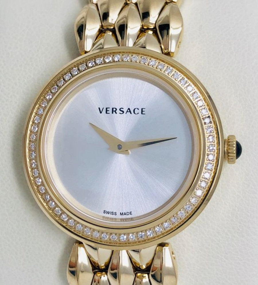 Versace V Flare Diamonds Silver Dial Gold Steel Strap Watch for Women - VEBN00918