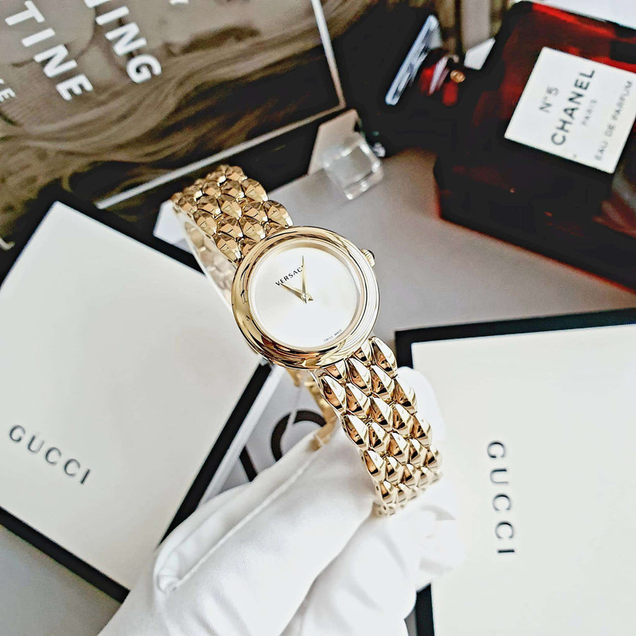 Versace V-Flare Quartz Silver Dial Gold Steel Strap Watch for Women - VEBN00818